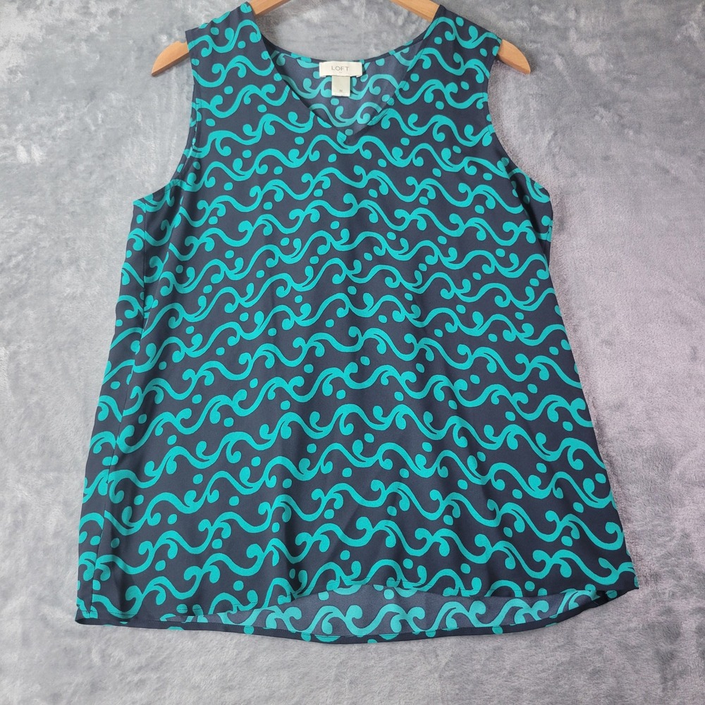 LOFT Womens Navy Teal Swirl Print Sleeveless Chiffon V-Neck Blouse Top Size M